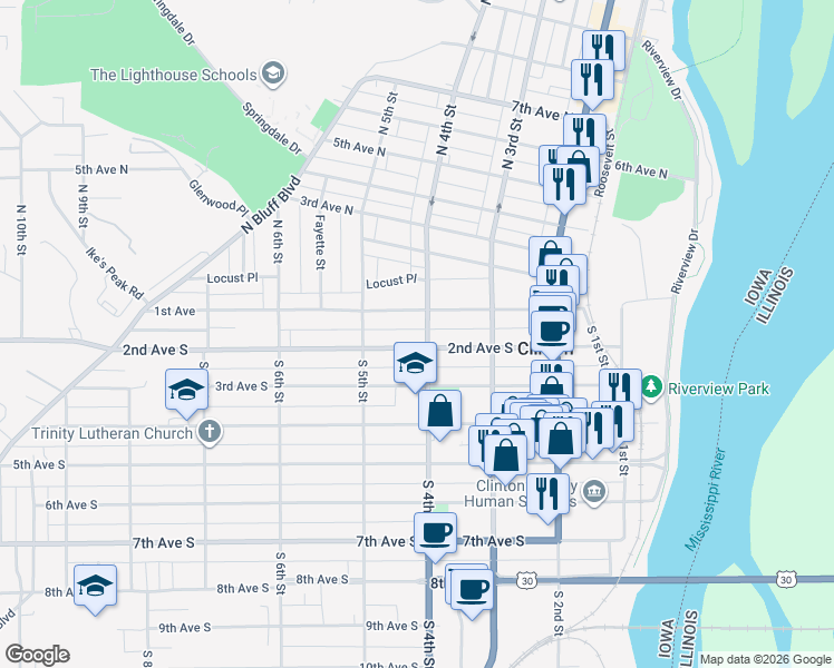 map of restaurants, bars, coffee shops, grocery stores, and more near 108 South 4th Street in Clinton