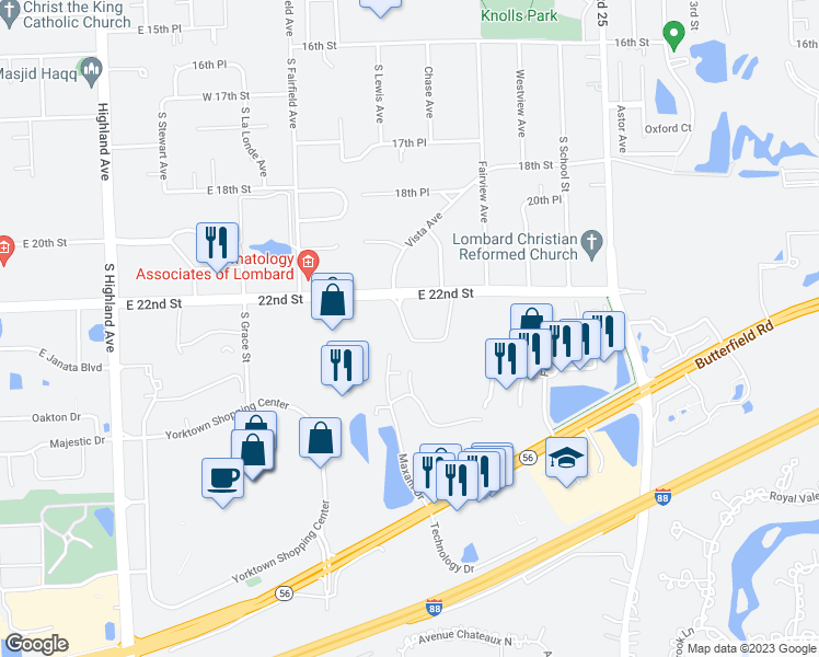map of restaurants, bars, coffee shops, grocery stores, and more near 701 East 22nd Street in Lombard