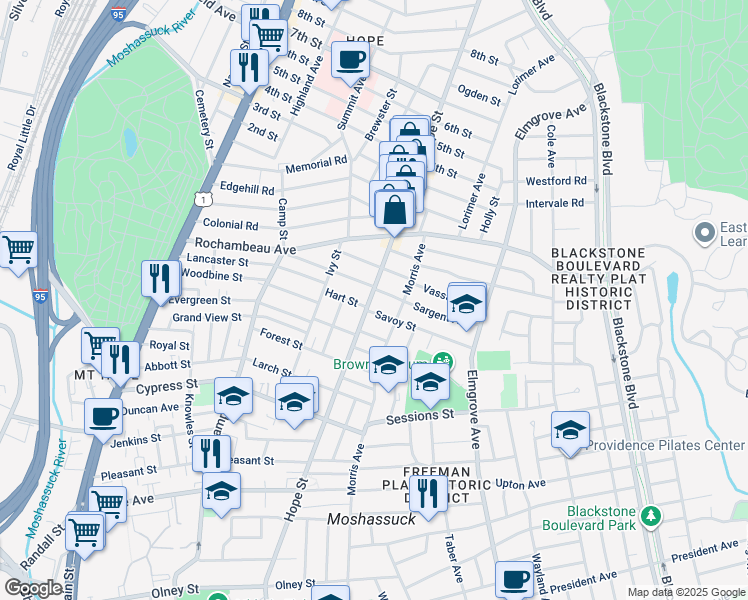 map of restaurants, bars, coffee shops, grocery stores, and more near 684 Hope Street in Providence