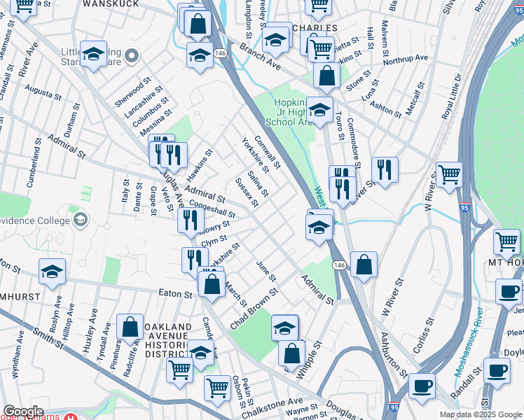 map of restaurants, bars, coffee shops, grocery stores, and more near 15 Sussex Street in Providence