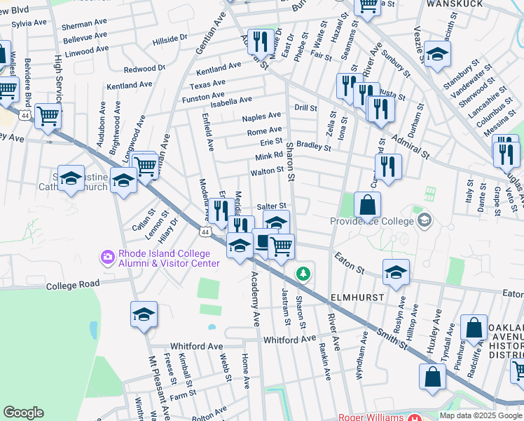 map of restaurants, bars, coffee shops, grocery stores, and more near 741 Academy Avenue in Providence