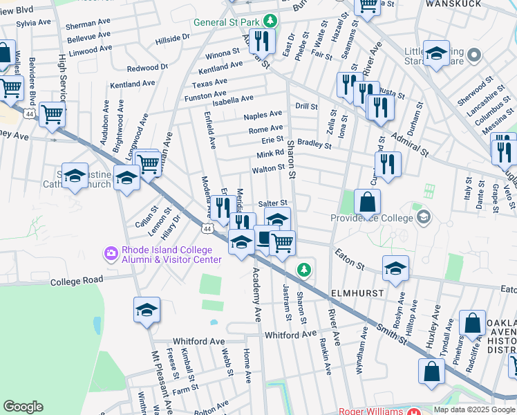 map of restaurants, bars, coffee shops, grocery stores, and more near 741 Academy Avenue in Providence