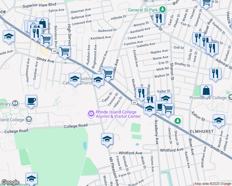 map of restaurants, bars, coffee shops, grocery stores, and more near 1190 Smith Street in Providence