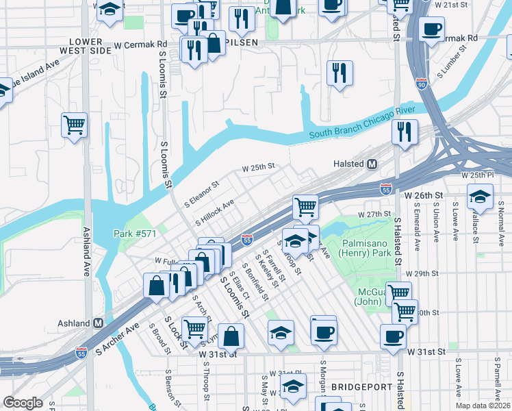 map of restaurants, bars, coffee shops, grocery stores, and more near 2569 South Hillock Avenue in Chicago