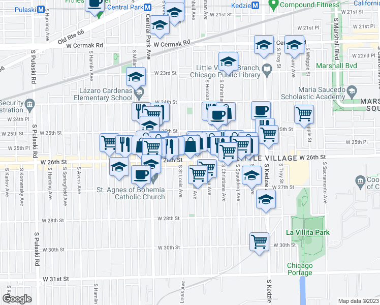 map of restaurants, bars, coffee shops, grocery stores, and more near 2523 South Trumbull Avenue in Chicago