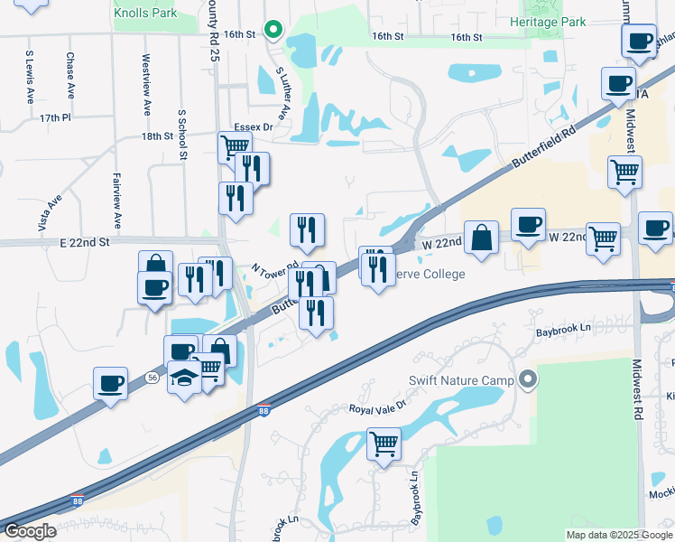 map of restaurants, bars, coffee shops, grocery stores, and more near 18W200 Butterfield Road in Oakbrook Terrace