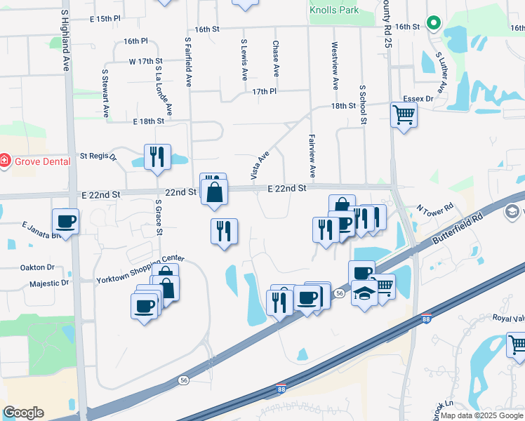 map of restaurants, bars, coffee shops, grocery stores, and more near 625643 East 22nd Street in Lombard