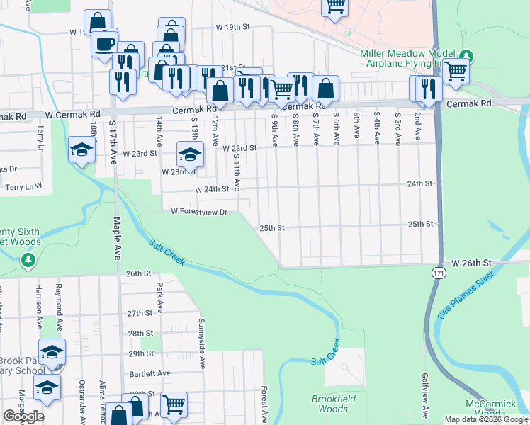 map of restaurants, bars, coffee shops, grocery stores, and more near 2416 South 9th Avenue in North Riverside