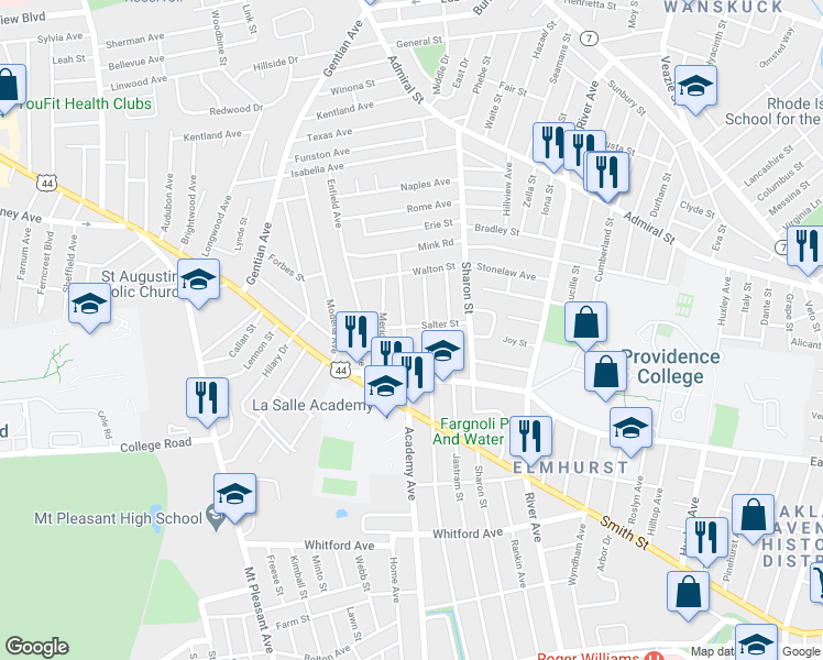 map of restaurants, bars, coffee shops, grocery stores, and more near 727 Academy Avenue in Providence