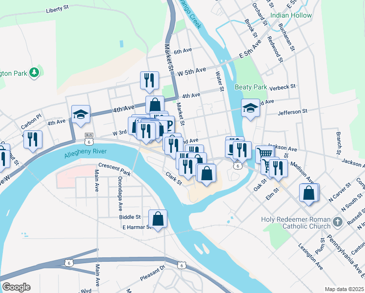 map of restaurants, bars, coffee shops, grocery stores, and more near 119 Market Street in Warren