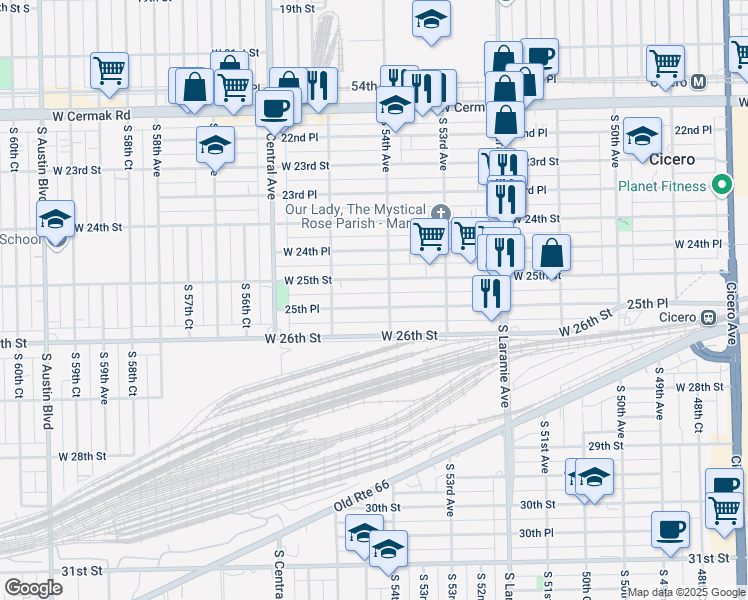 map of restaurants, bars, coffee shops, grocery stores, and more near in Cicero