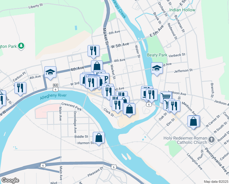 map of restaurants, bars, coffee shops, grocery stores, and more near 119 Market Street in Warren