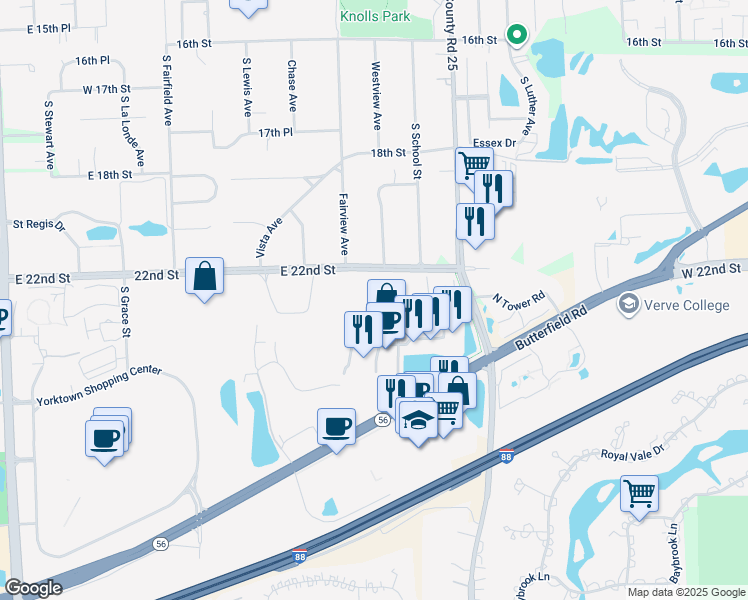 map of restaurants, bars, coffee shops, grocery stores, and more near 855 East 22nd Street in Lombard