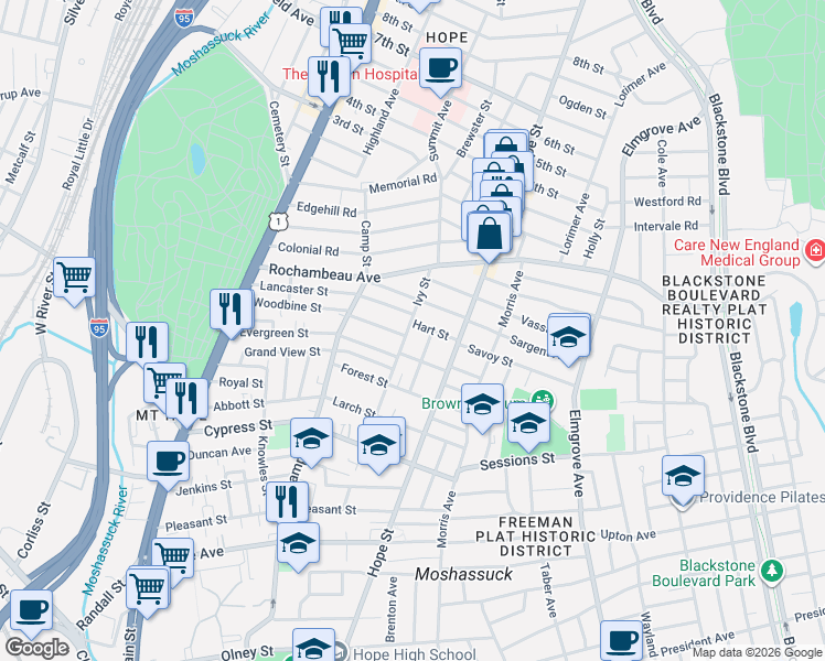 map of restaurants, bars, coffee shops, grocery stores, and more near 201 Ivy Street in Providence