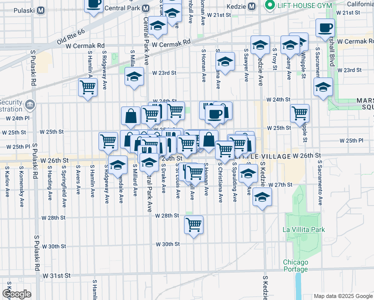 map of restaurants, bars, coffee shops, grocery stores, and more near 2542 South Trumbull Avenue in Chicago