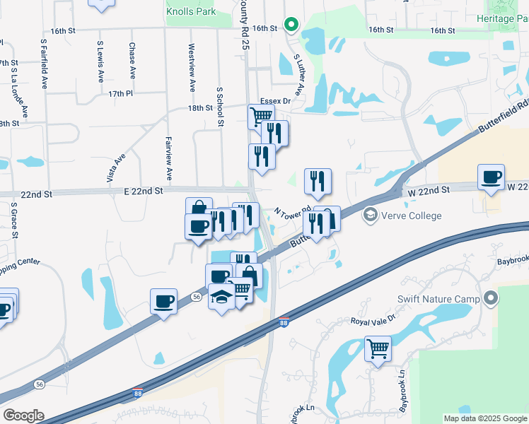 map of restaurants, bars, coffee shops, grocery stores, and more near 1 North Tower Road in Oak Brook