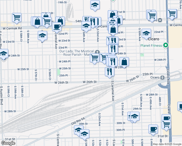 map of restaurants, bars, coffee shops, grocery stores, and more near 5323 West 25th Street in Cicero