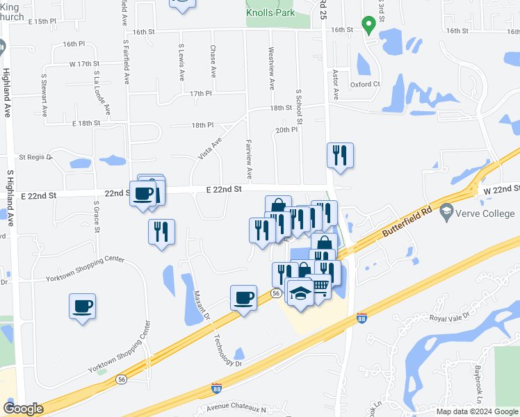 map of restaurants, bars, coffee shops, grocery stores, and more near 845 East 22nd Street in Lombard