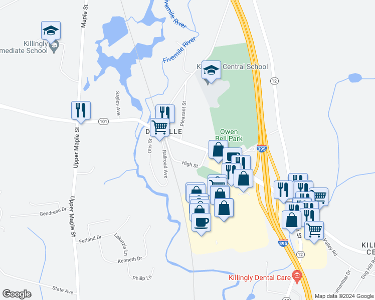 map of restaurants, bars, coffee shops, grocery stores, and more near 493 Hartford Pike in Killingly
