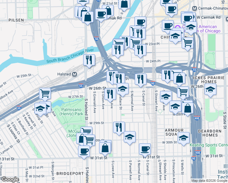 map of restaurants, bars, coffee shops, grocery stores, and more near 608 West 26th Street in Chicago
