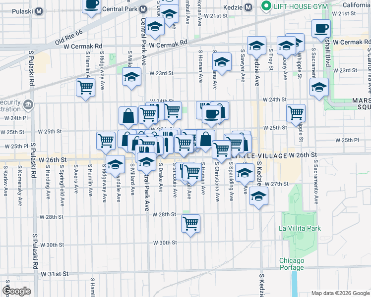 map of restaurants, bars, coffee shops, grocery stores, and more near 2523 South Trumbull Avenue in Chicago