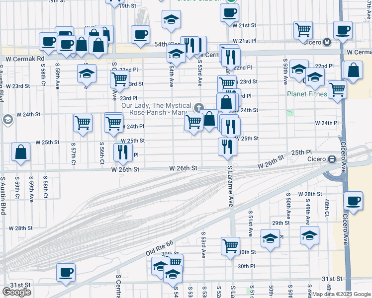 map of restaurants, bars, coffee shops, grocery stores, and more near 5323 West 25th Street in Cicero