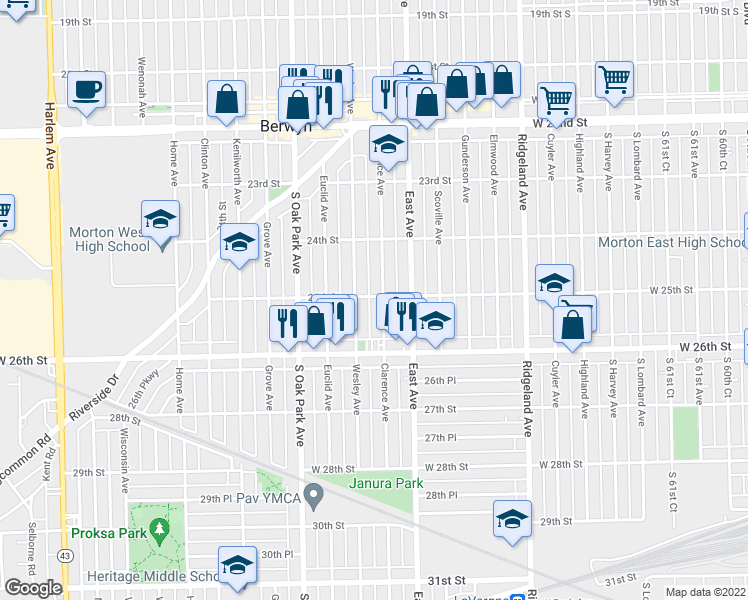 map of restaurants, bars, coffee shops, grocery stores, and more near 2439 Wesley Avenue in Berwyn