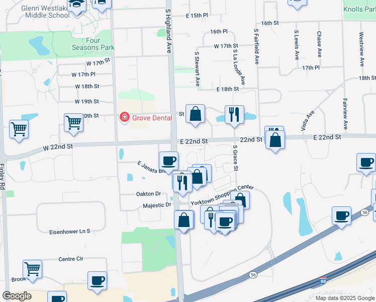 map of restaurants, bars, coffee shops, grocery stores, and more near in Lombard
