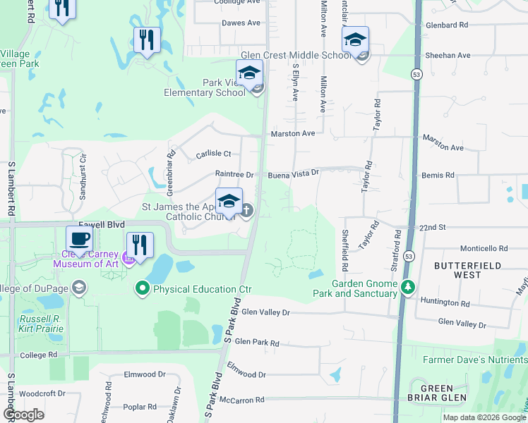 map of restaurants, bars, coffee shops, grocery stores, and more near 1S759 South Park Boulevard in Glen Ellyn