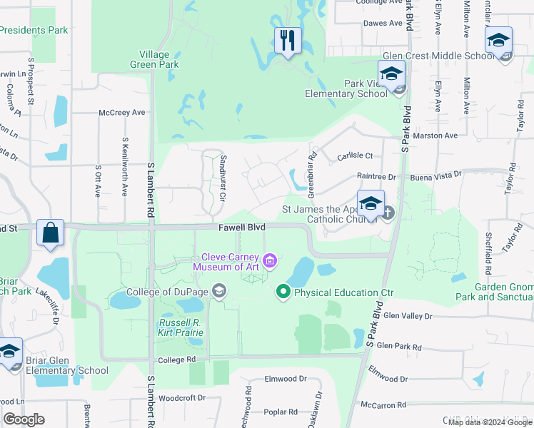 map of restaurants, bars, coffee shops, grocery stores, and more near 448 Raintree Drive in Glen Ellyn
