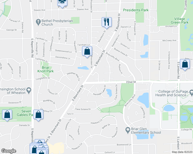 map of restaurants, bars, coffee shops, grocery stores, and more near 1629 Leytonstone Drive in Wheaton