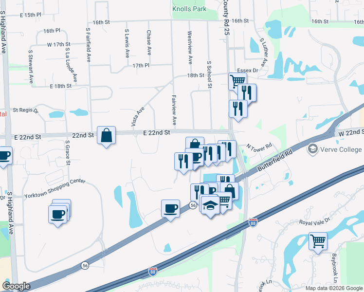map of restaurants, bars, coffee shops, grocery stores, and more near 845 East 22nd Street in Lombard