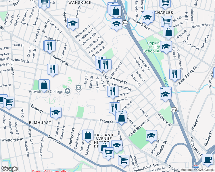 map of restaurants, bars, coffee shops, grocery stores, and more near in Providence