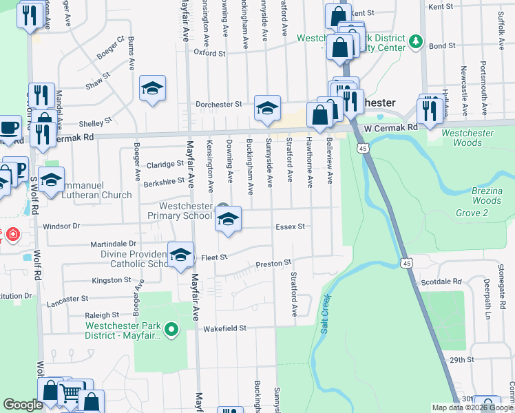 map of restaurants, bars, coffee shops, grocery stores, and more near 2338 Buckingham Avenue in Westchester