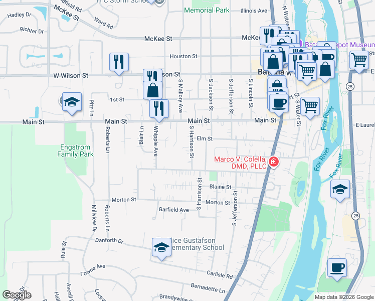map of restaurants, bars, coffee shops, grocery stores, and more near 325 South Harrison Street in Batavia