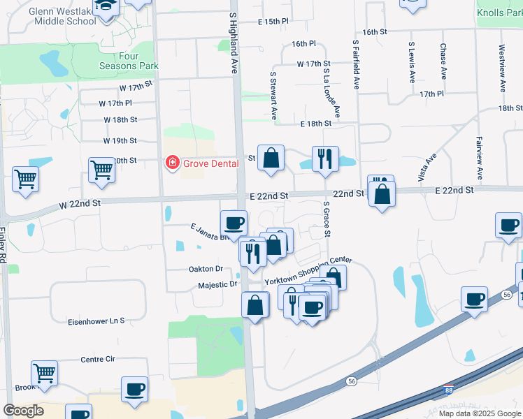 map of restaurants, bars, coffee shops, grocery stores, and more near in Lombard