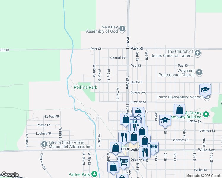map of restaurants, bars, coffee shops, grocery stores, and more near 1723 West 2nd Street in Perry