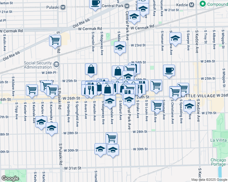 map of restaurants, bars, coffee shops, grocery stores, and more near 2521 South Lawndale Avenue in Chicago