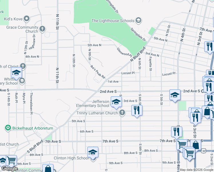 map of restaurants, bars, coffee shops, grocery stores, and more near 749 1st Avenue in Clinton
