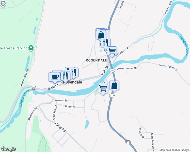 map of restaurants, bars, coffee shops, grocery stores, and more near 296 Main Street in Kingston