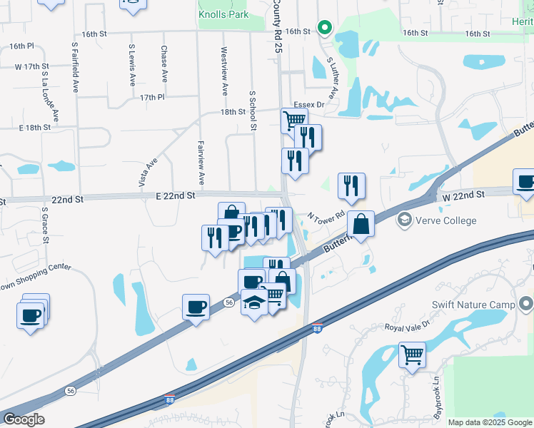 map of restaurants, bars, coffee shops, grocery stores, and more near 2210 Fountain Square Drive in Lombard