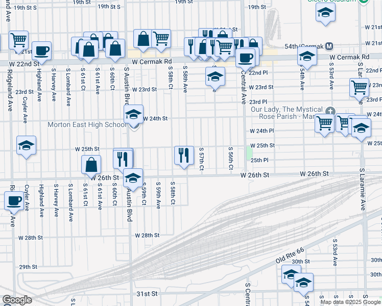 map of restaurants, bars, coffee shops, grocery stores, and more near 2446 South 57th Court in Cicero