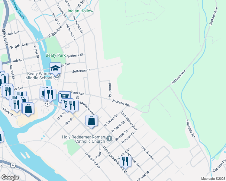 map of restaurants, bars, coffee shops, grocery stores, and more near 12 Branch Street in Warren
