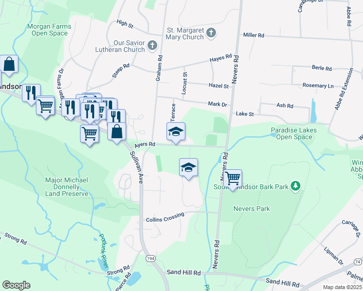 map of restaurants, bars, coffee shops, grocery stores, and more near 104 Ayers Road in South Windsor