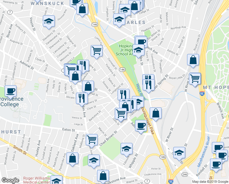 map of restaurants, bars, coffee shops, grocery stores, and more near 23 Longmont Street in Providence