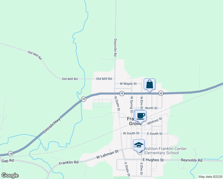 map of restaurants, bars, coffee shops, grocery stores, and more near 409 North State Street in Franklin Grove