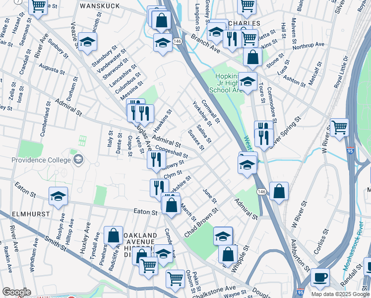 map of restaurants, bars, coffee shops, grocery stores, and more near 284 Admiral Street in Providence