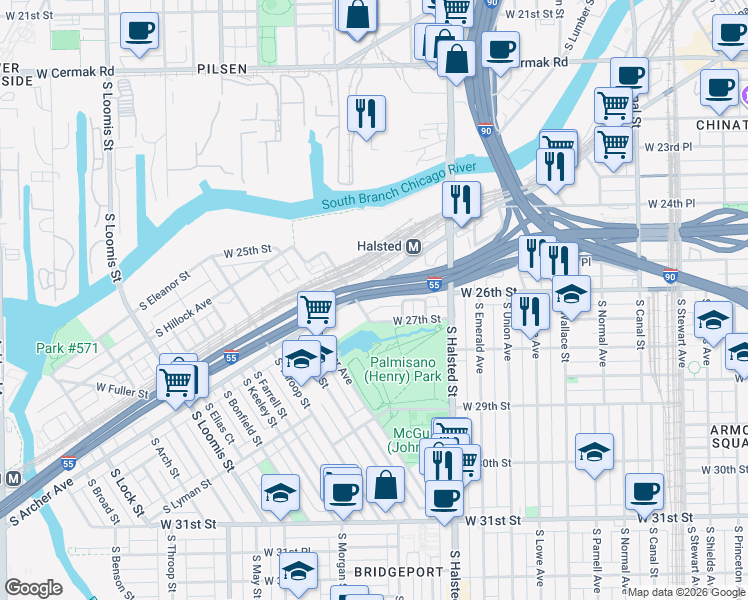 map of restaurants, bars, coffee shops, grocery stores, and more near 880 West 26th Street in Chicago