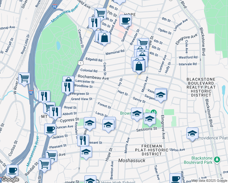 map of restaurants, bars, coffee shops, grocery stores, and more near 139 Lancaster Street in Providence