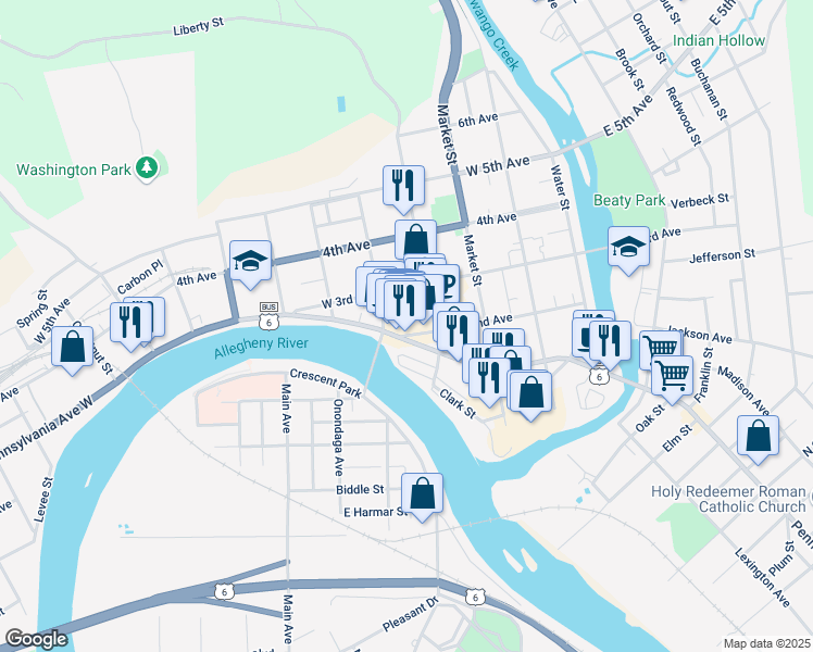 map of restaurants, bars, coffee shops, grocery stores, and more near in Warren